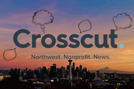 Crosscut logo with thought and speech bubbles over a Seattle sunset