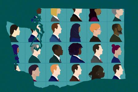 illustration of Washington state with diverse profiles of faces overlayed