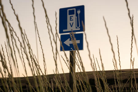 A blue service sign in a field of tall grass points toward an electric vehicle charging site.