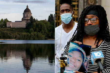 a composite image of the olympia state house next to an image of the family of mah'kia bryant