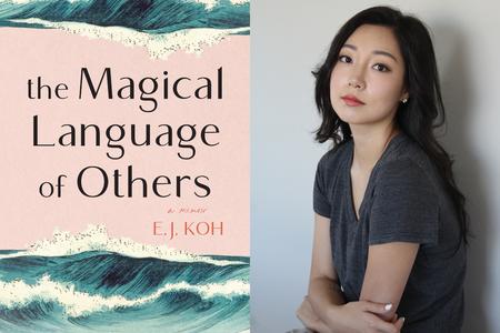 Left, pink book cover with green-blue waves saying "The Magical Language of Others," right, a woman with dark hair holding arms crossed looking at camera