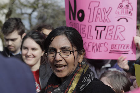 Seattle city councilmember Kshama Sawant speaks at an event about a city tax on corporations.