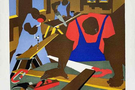 a modernist painting featuring bold red, blue and brown figures working in a carpentry shop