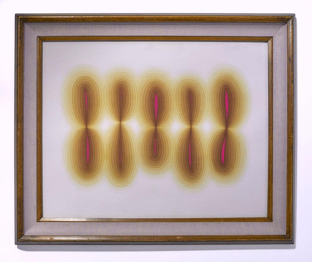 a framed painting with six figure-8-like figures in gold with hot pink centers