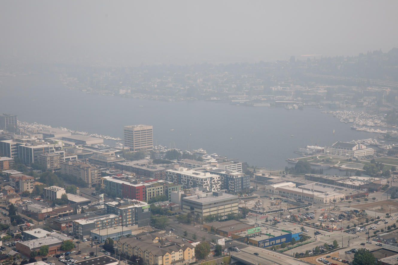 A birds eye view of Lake Union from the Seattle Needle