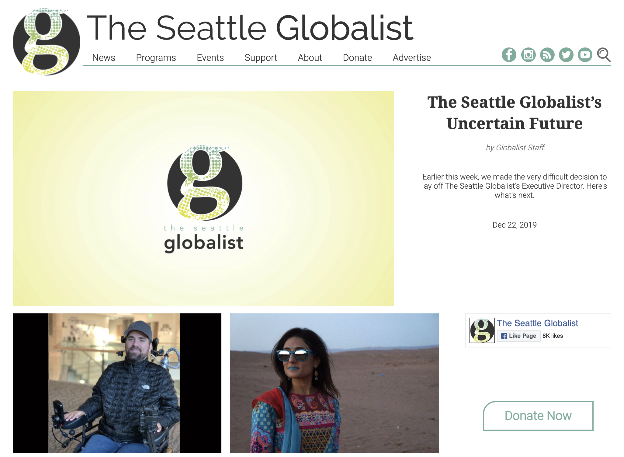 The website for The Globalist, showing the headline, “”The Seattle Globalist’s Uncertain Future.”