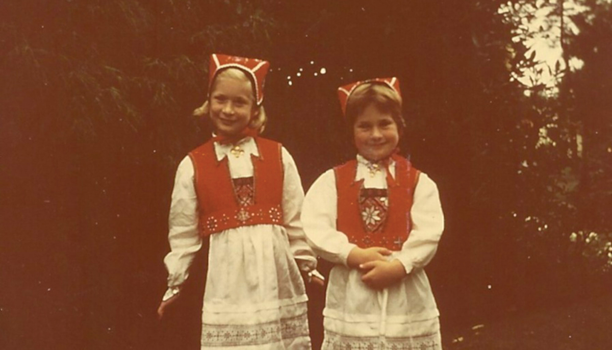The author’s sisters Barbara and Kari, in Norwegian folk costumes. Photograph by Knute Berger