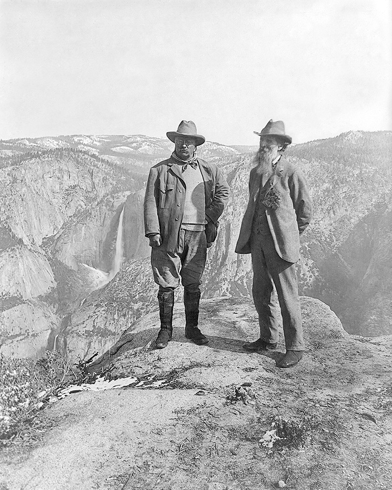 Theodore Roosevelt and John Muir at Glacier Point, black and white
