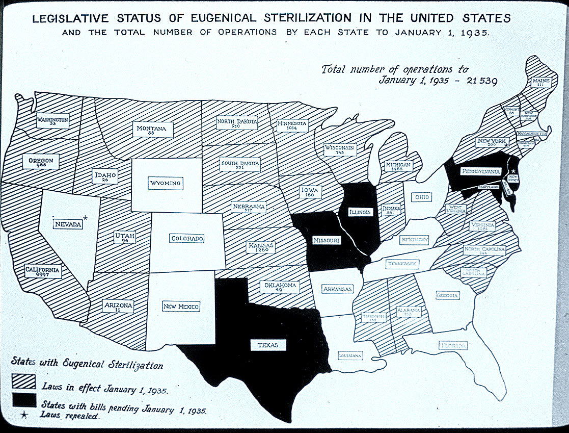 map showing where eugenics laws were passed