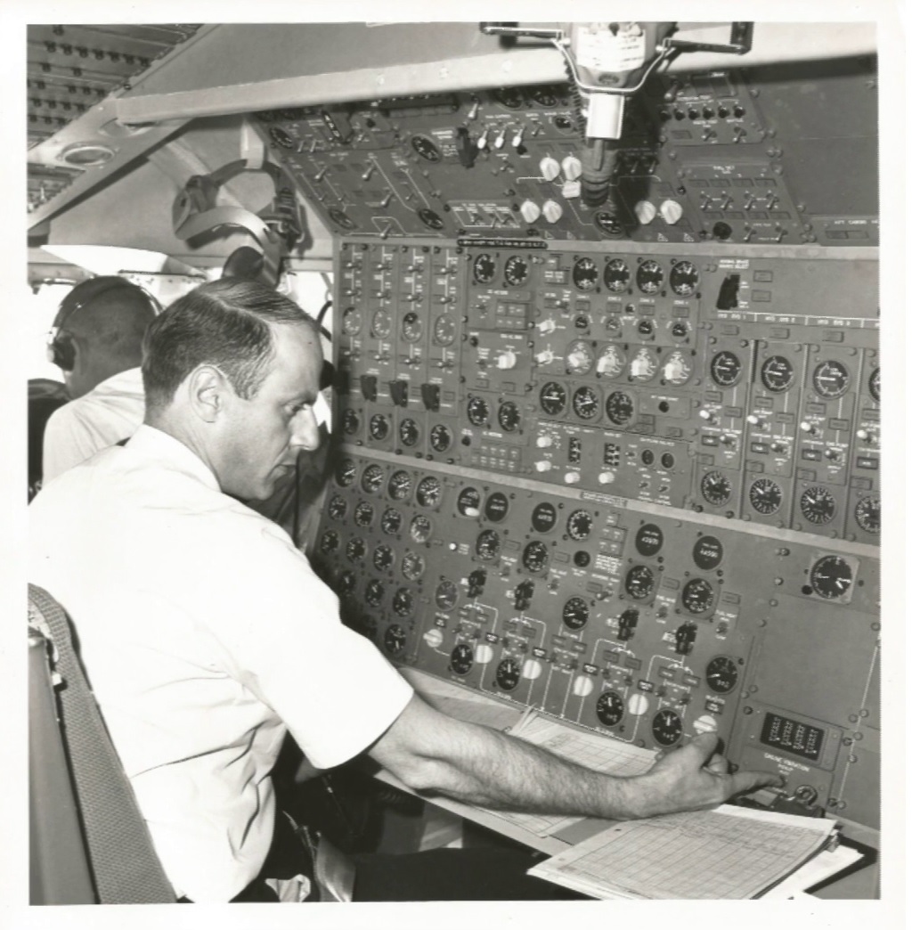 Flight engineer Pat DeRoberts at the 747 controls. Photo courtesy of Pat DeRoberts.