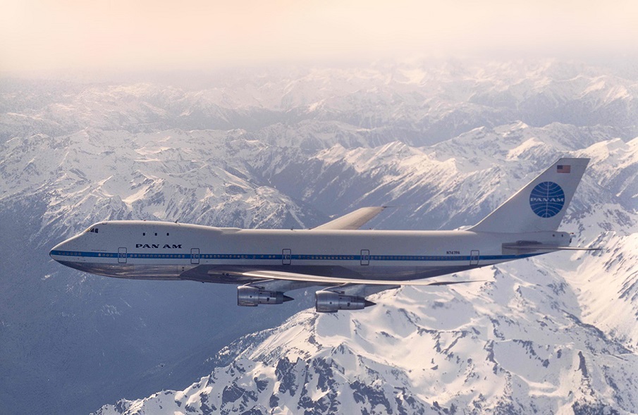 A Pan Am 747 flies into sunset. Photo courtesy of Boeing.