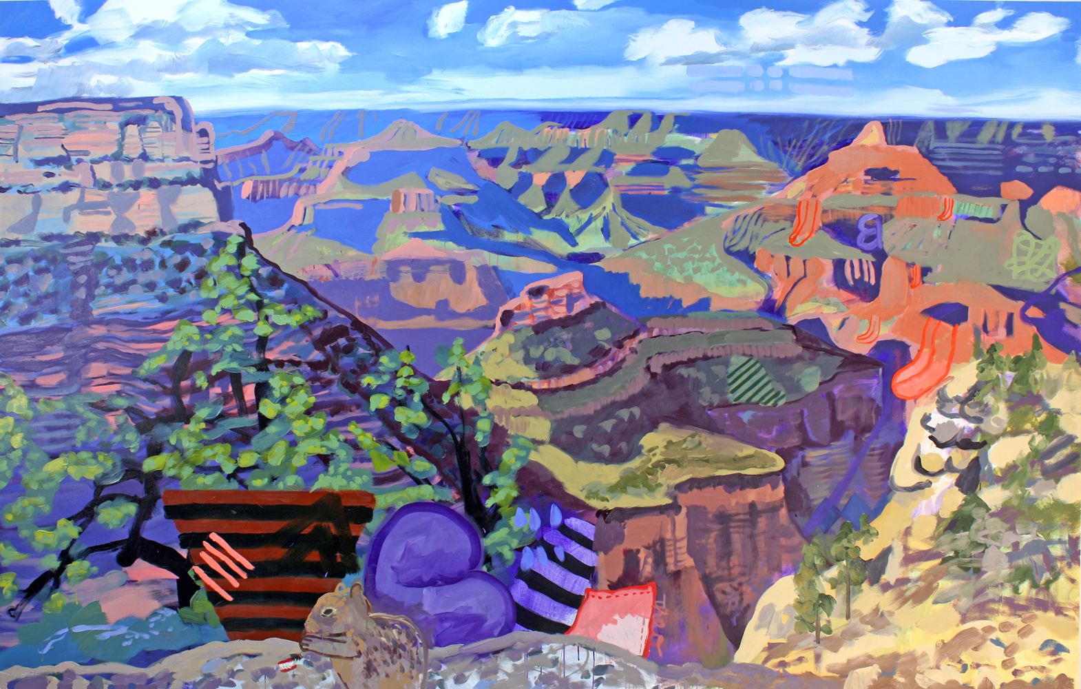 Susanna Bluhm, “Grand Canyon with Theo, Queequeg and Lunchtime Squirrel (Biographical)” (2017)  oil and acrylic on canvas