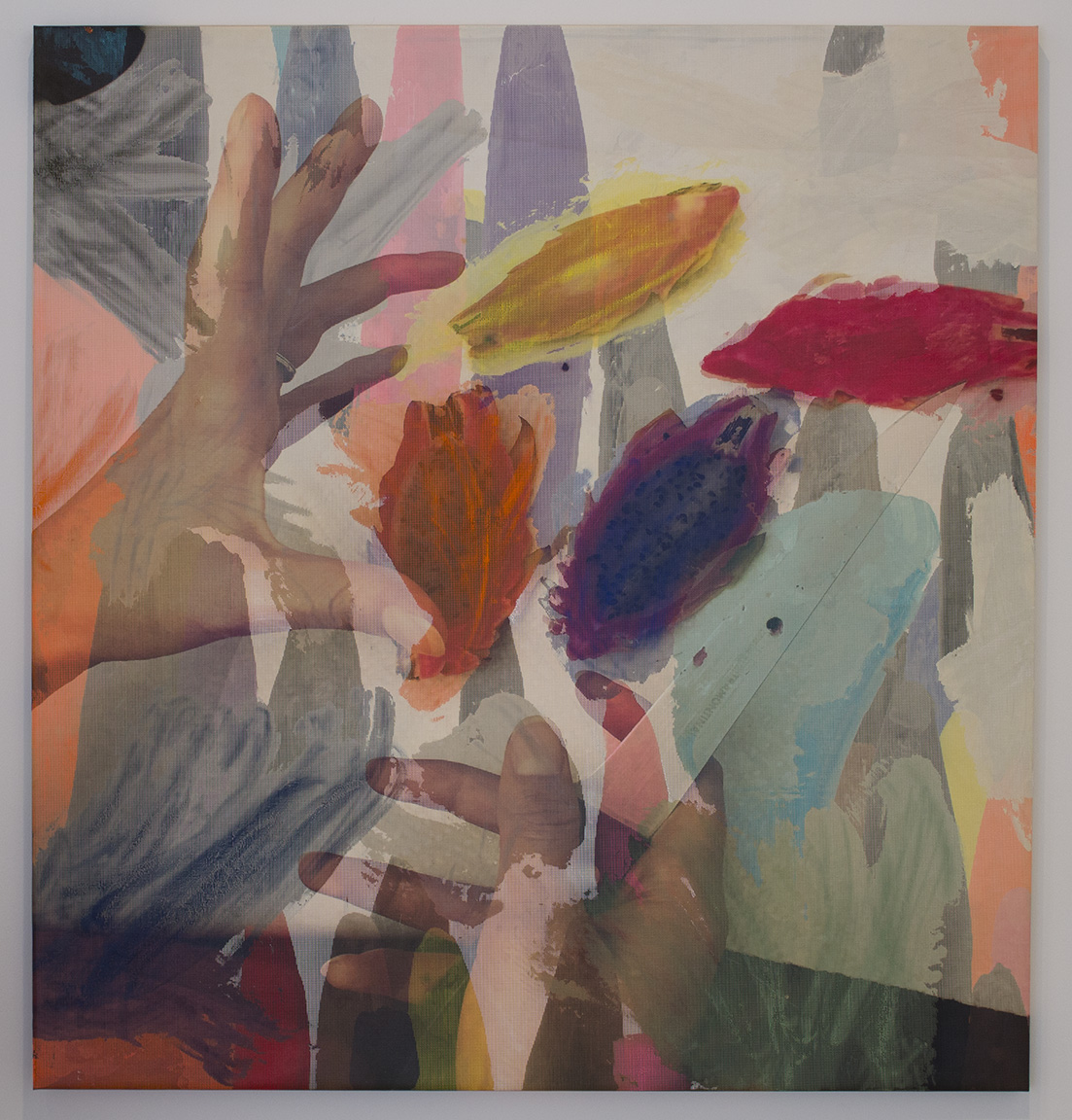 Evan Nesbit, “Manifold Painting (Social Vivisection)” (2018), acrylic and inkjet print on vinyl [THE ONE WITH THE HANDS] (Photo courtesy of James Harris Gallery)   