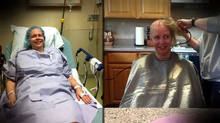 Bean undergoing chemo therapy (left) and shaving her head (right) while in the midst of treatment