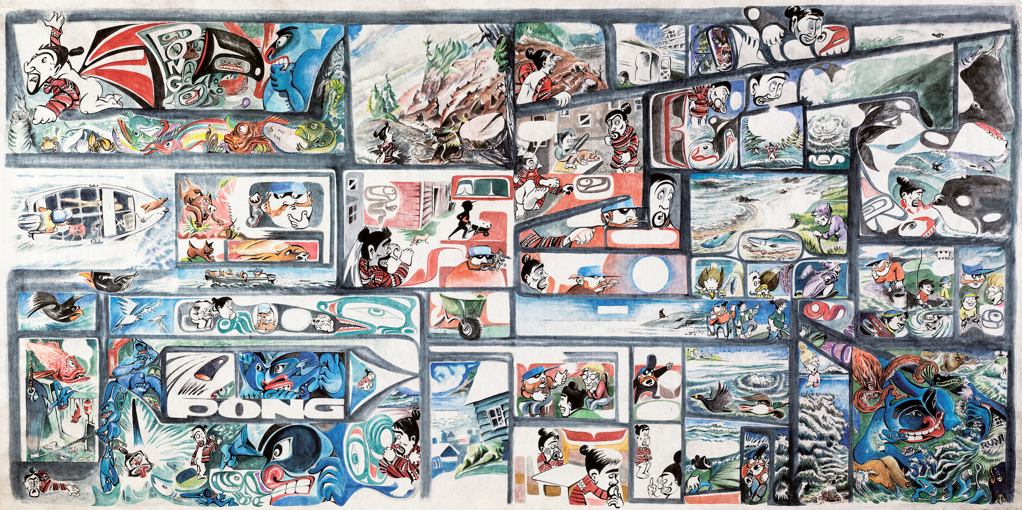 a colorful panel from the Haida Manga mural