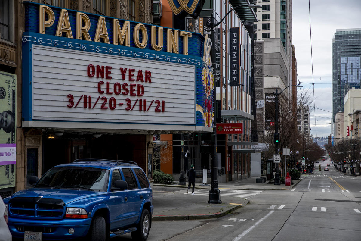 Marquee at the Paramount reads "One year closed 3/11/20 - 3/11/21"