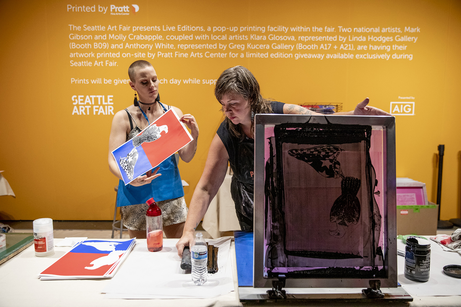Screen printing by Molly Crabapple during the Seattle Art Fair at CenturyLink Field Event Center on Aug. 1, 2019.