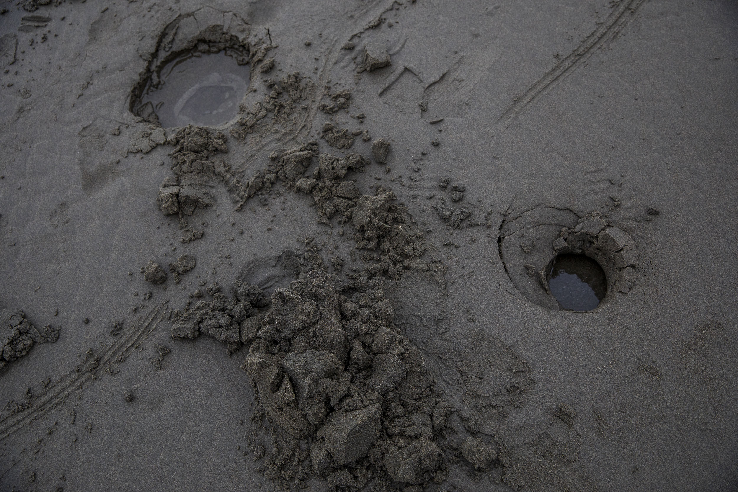 Holes are left in the sand from clam guns and shovels during a razor clam dig at Grayland Beach State Park in Grayland, Wash. on Wednesday, Jan. 2, 2019.