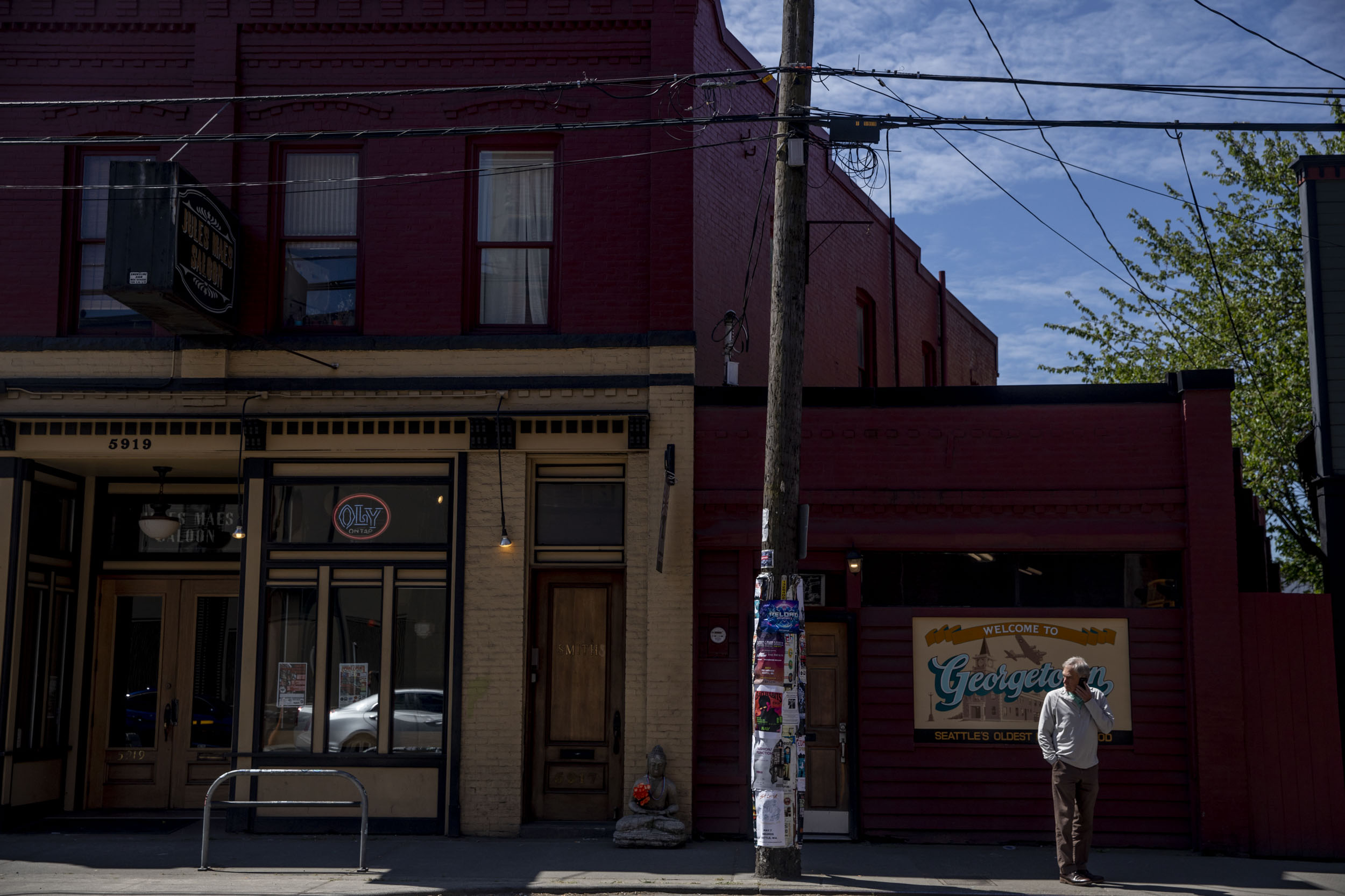 Part of the downtown strip of the Georgetown neighborhood in Seattle on May 8, 2019. (Photo by Dorothy Edwards/Crosscut)