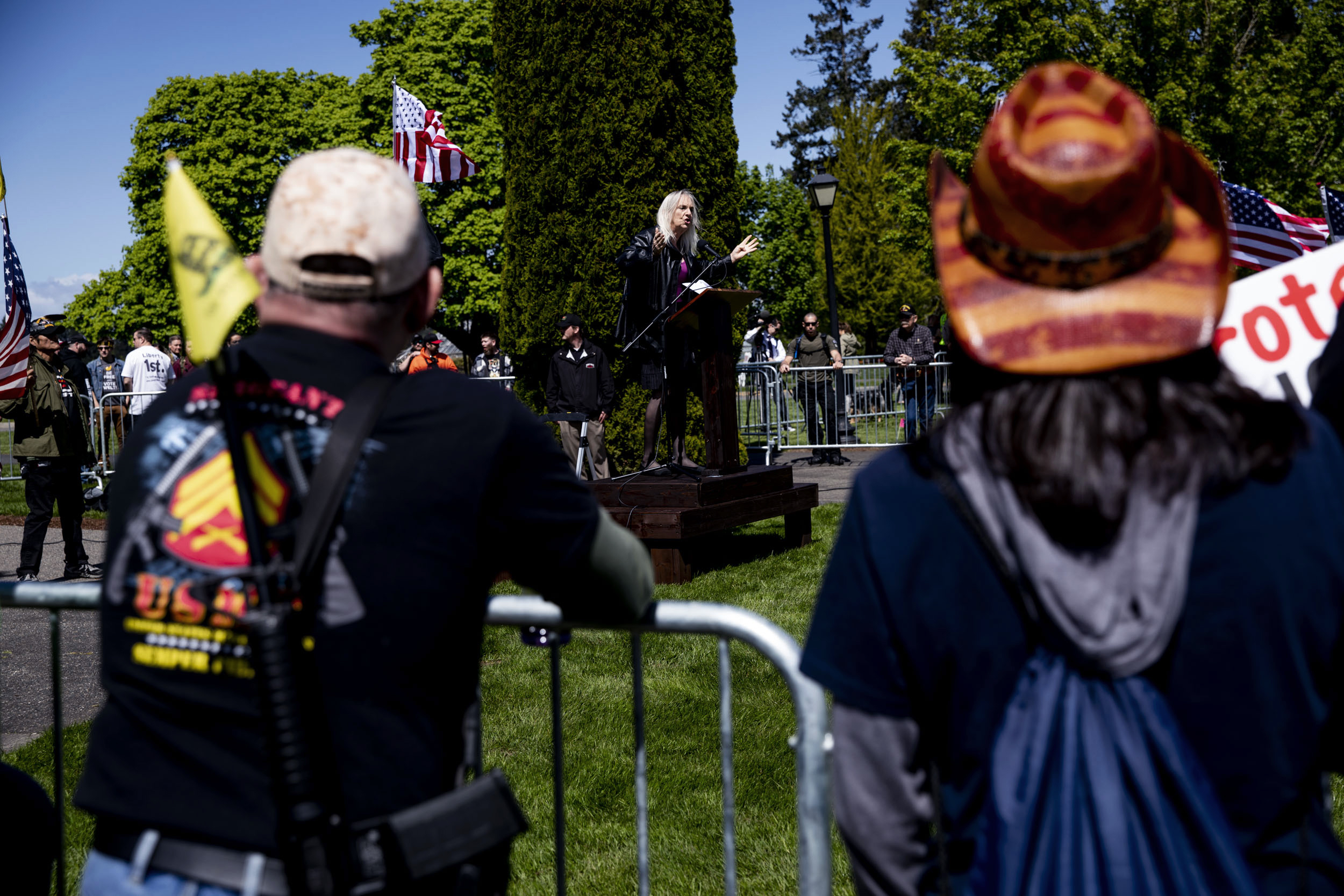 Nicole “Niki” Stallard speaks during a March For Our Rights rally in Olympia on April 27, 2019. As a transwoman and a gun owner, she is very active with Pink Pistols, often traveling to events to speak about the group.