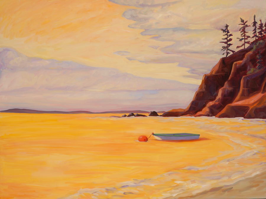 Painting of orange sunset in a cove with a rowboat