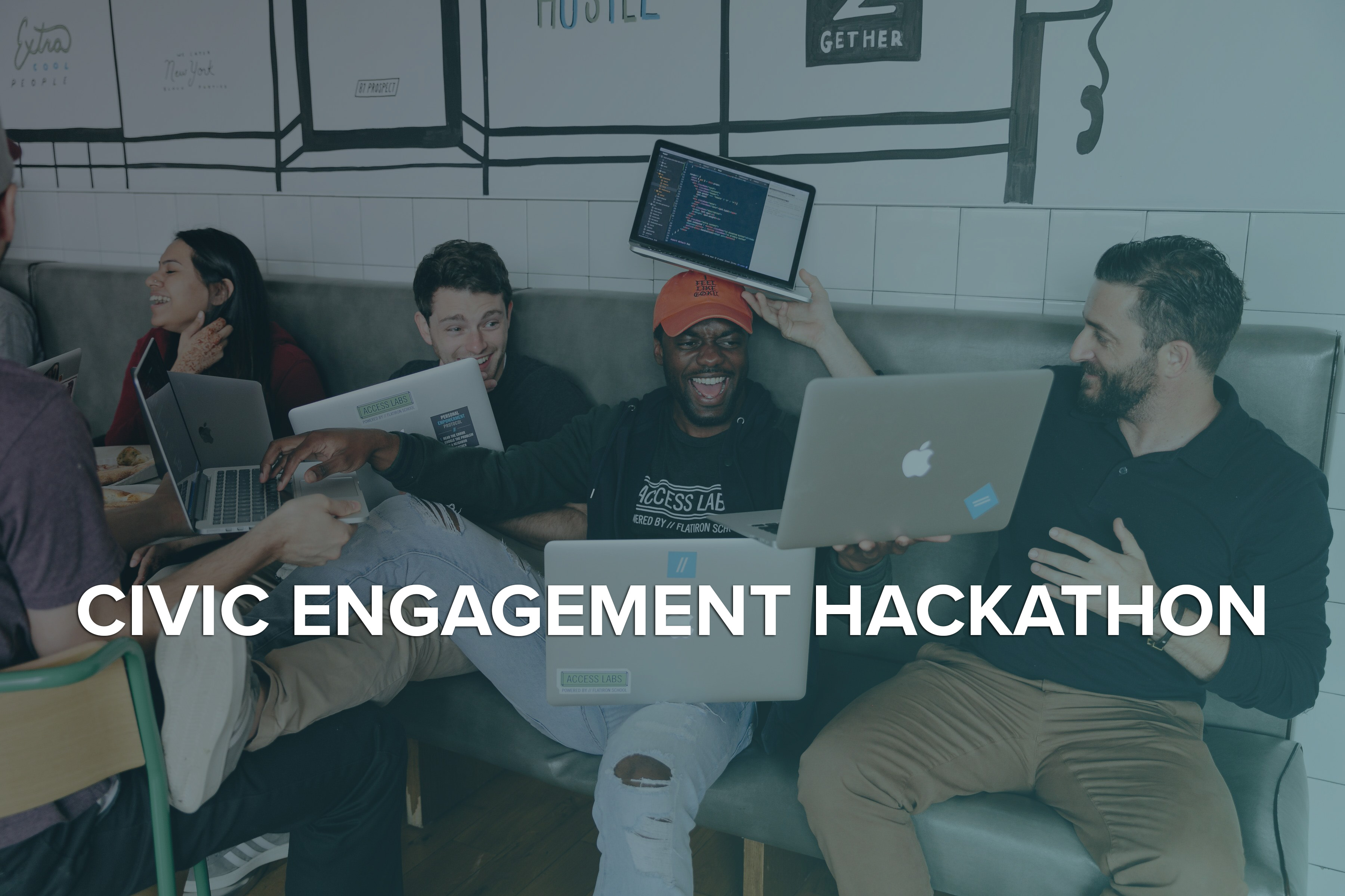 Four people with laptops laughing. Text on screen reads "Civic Engagement Hackathon"