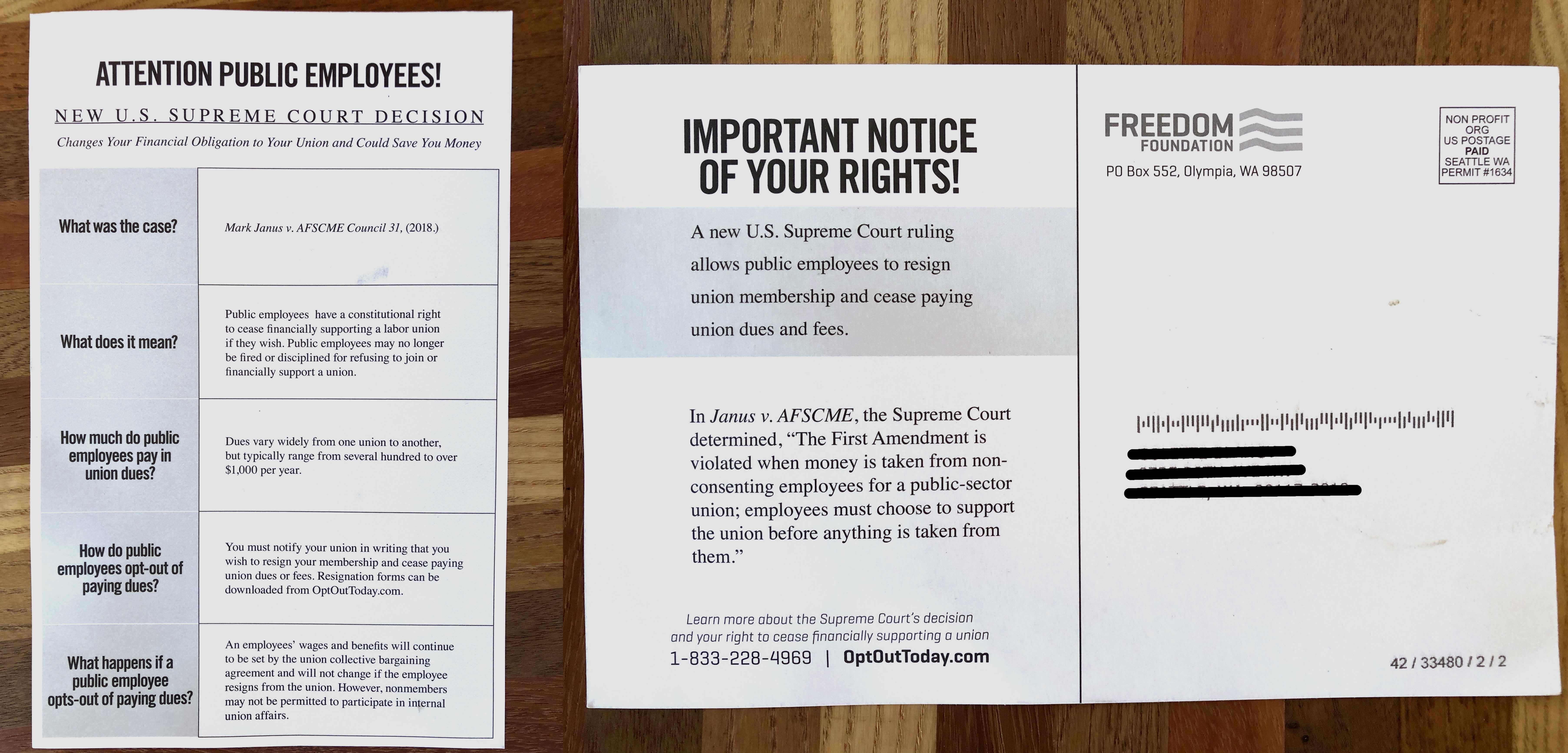 Fliers sent to state employees by the conservative Freedom Foundation.