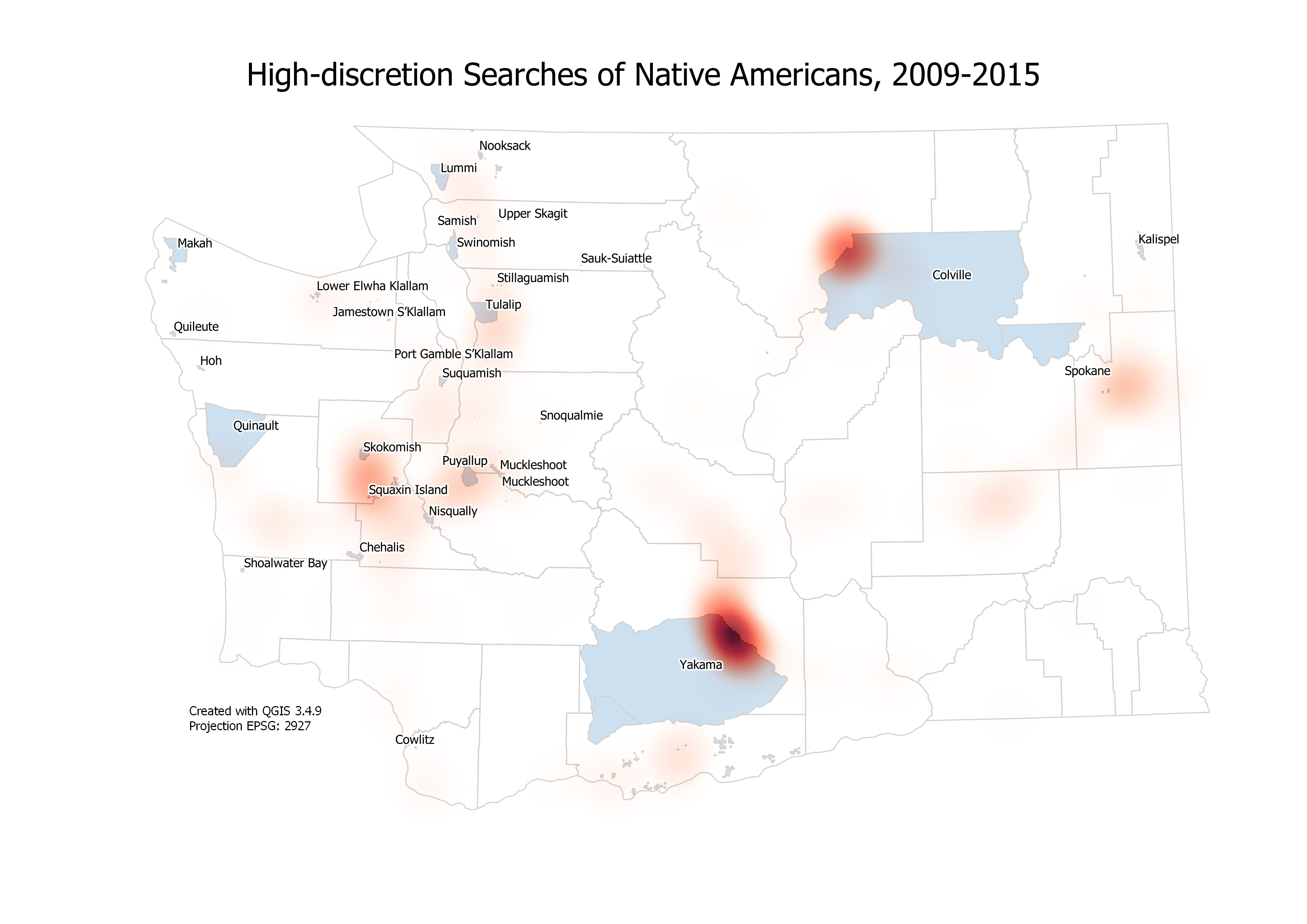 A heat map showing the frequency of police interactions across tribal lands