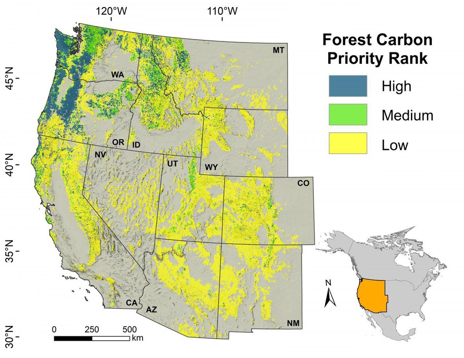 A map showing concentrations of carbon sequestrations. High levels include western Washington and northwest Oregon