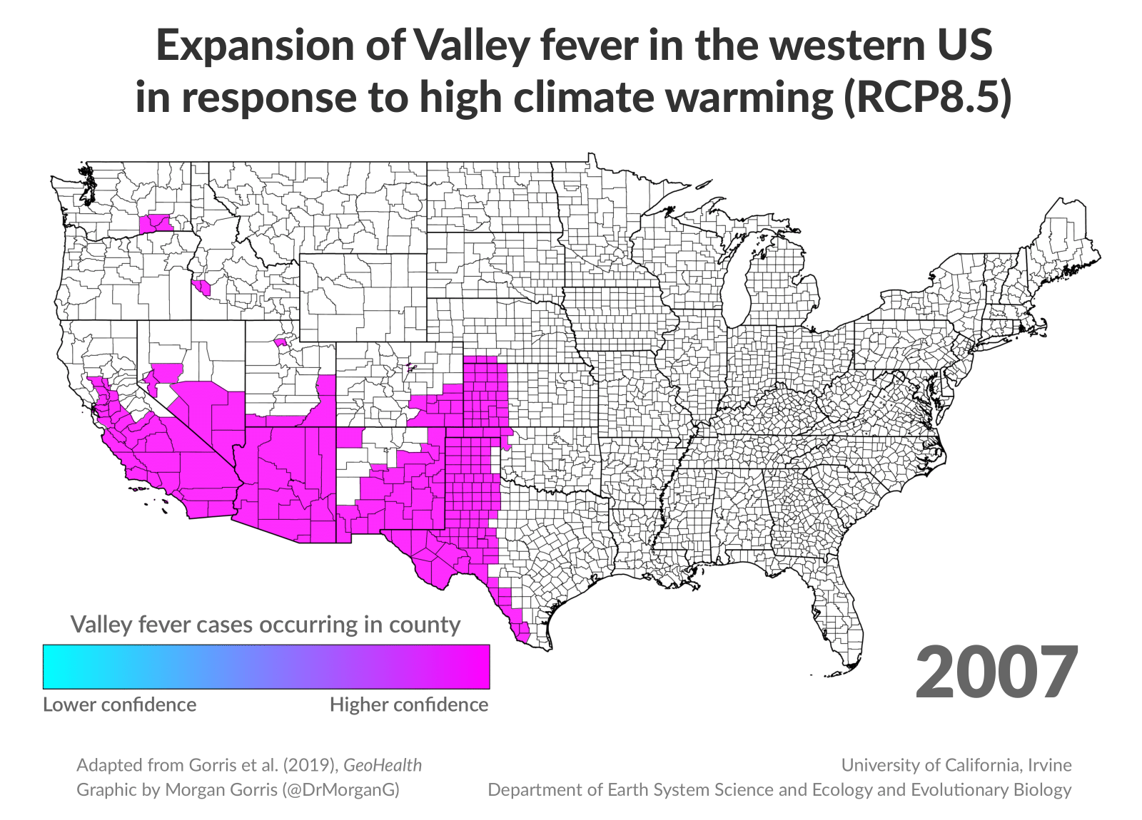 Infographic illustrating the expansion of Valley fever in the western U.S. in response to high climate warming from 2007 with predictions to 2095. "Higher confidence" spreading areas show concentrations in the Southwest and to the West Coast toward the Canadian border.. 
