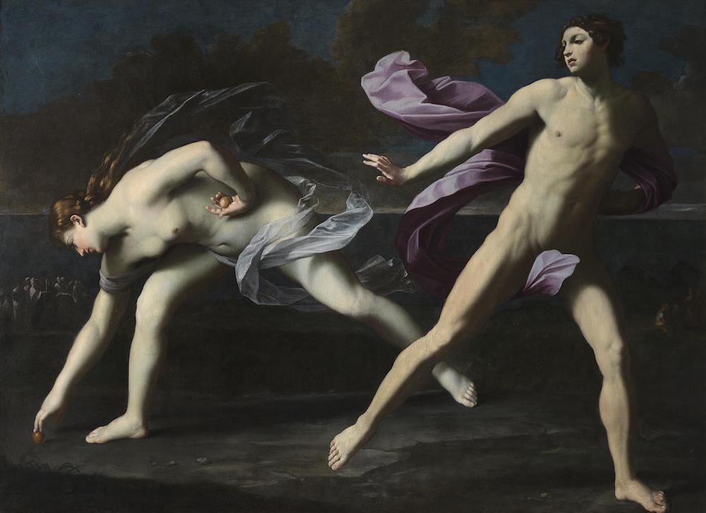 Renaissance oil painting of two nudes racing