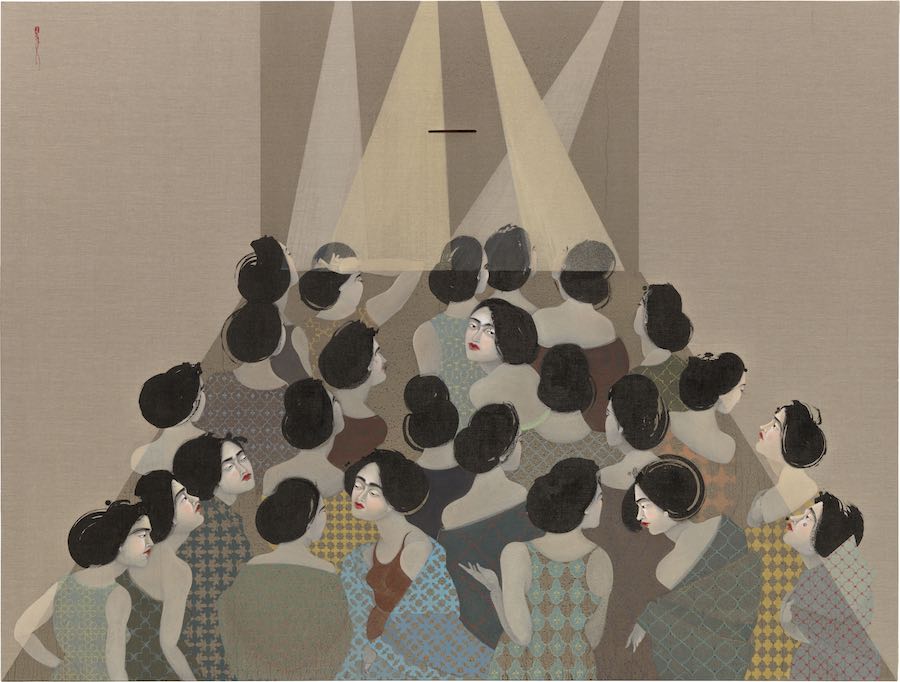 a painting of women crowding into a corner