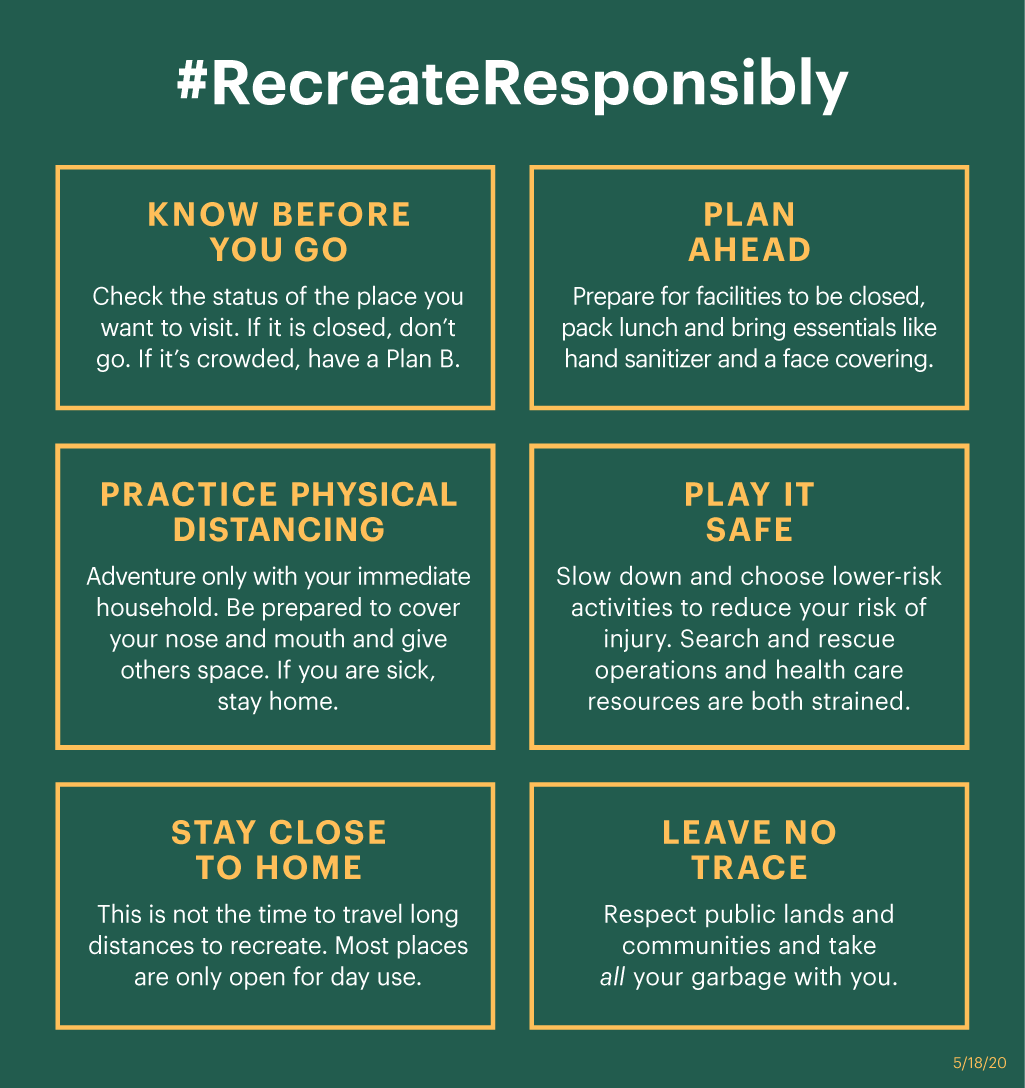 These six tips are being promoted by the members of the Recreate Responsibly Coalition as guidance for getting outside while COVID-19 remains a concern.
