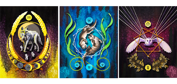 three decorative zodiac signs
