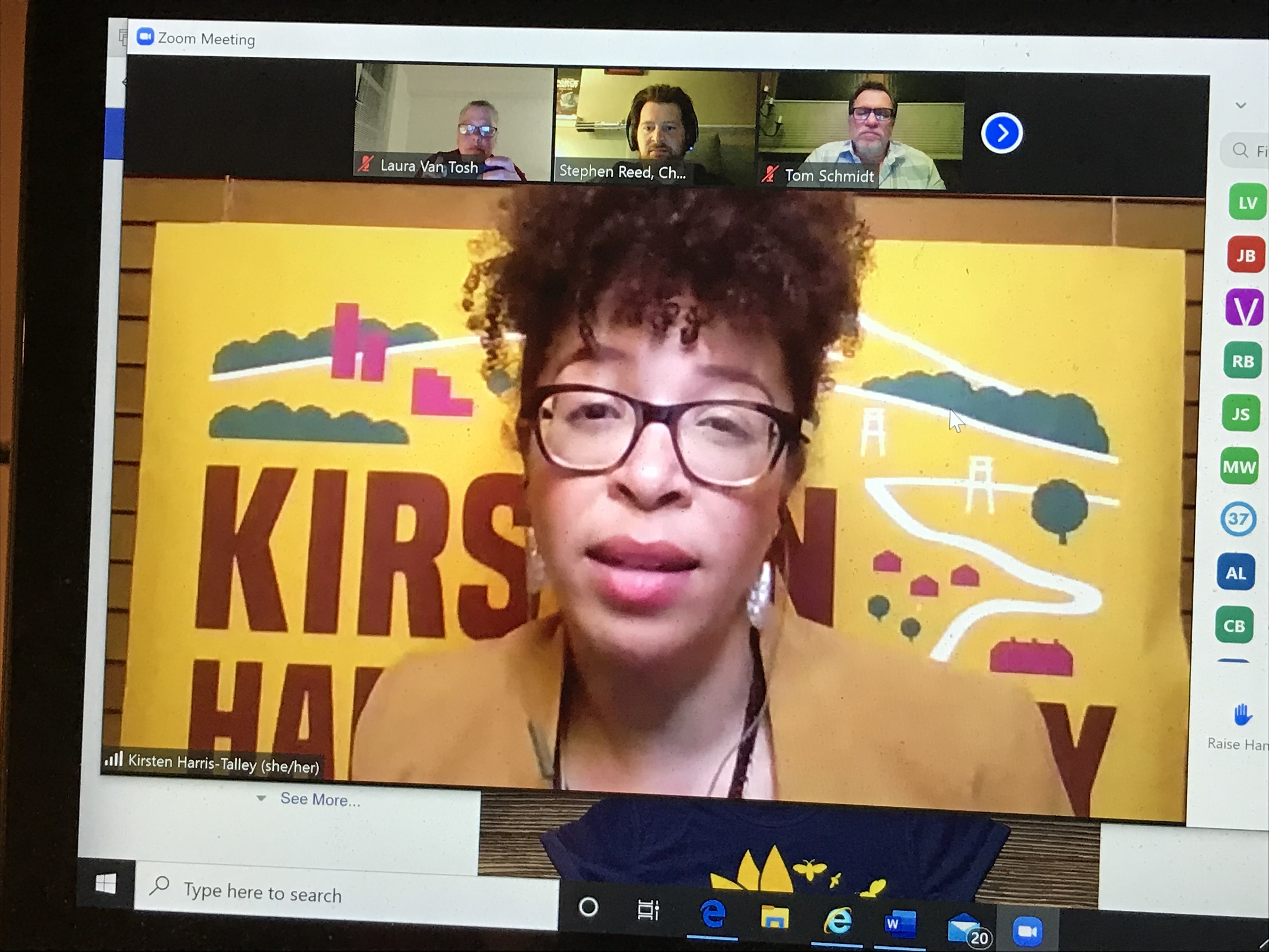 Kirsten Harris-Talley speaks during a Zoom meeting