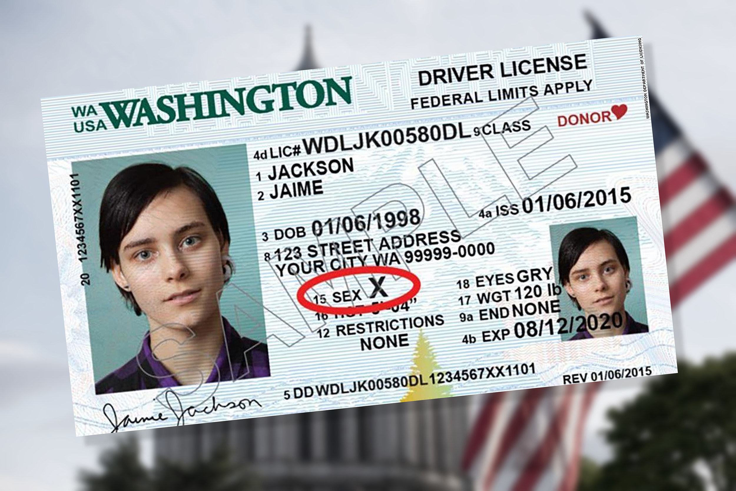 A license shows the gender ‘X’ option.