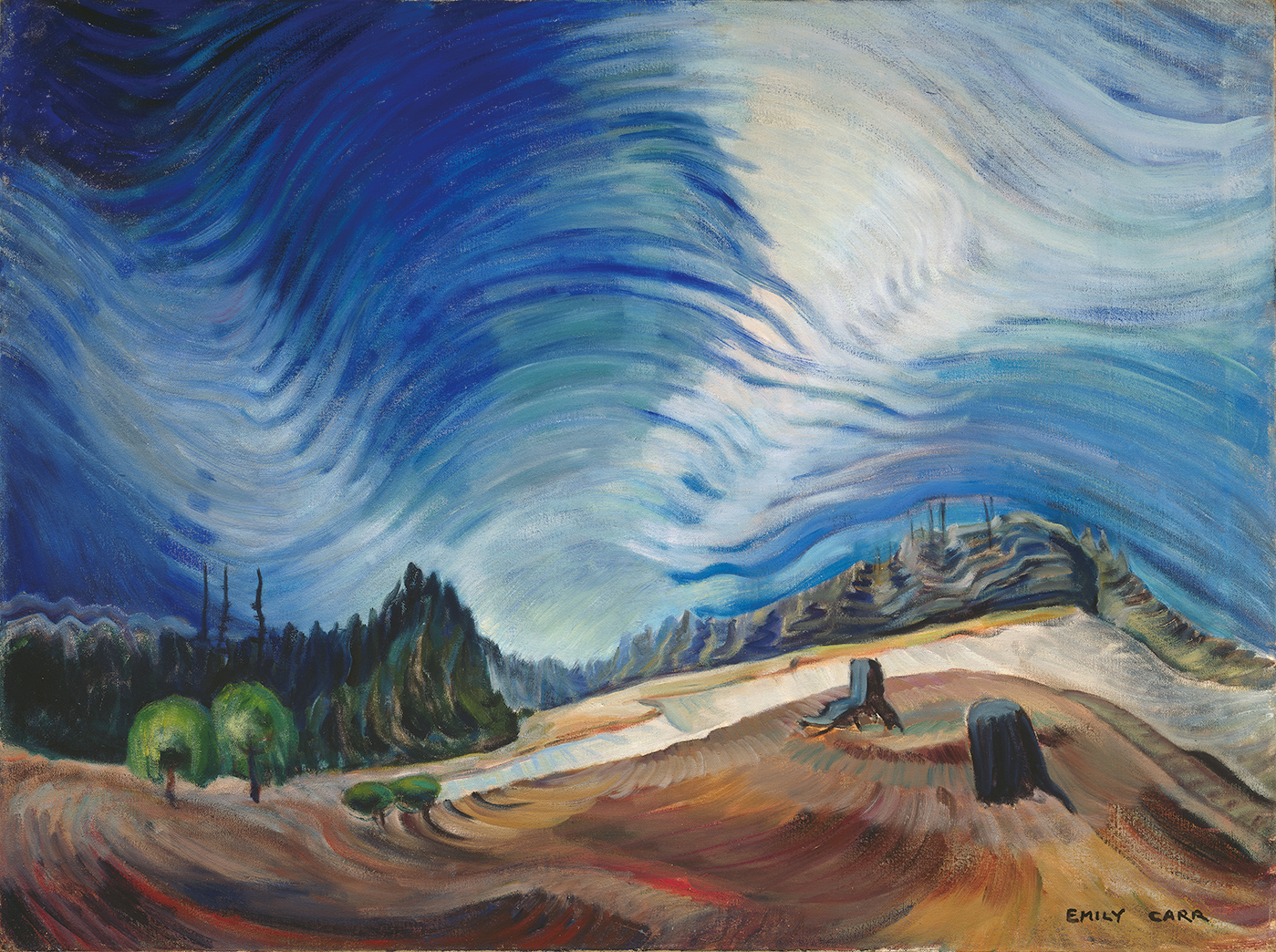 Painting of a landscape with tree stumps in the foreground.