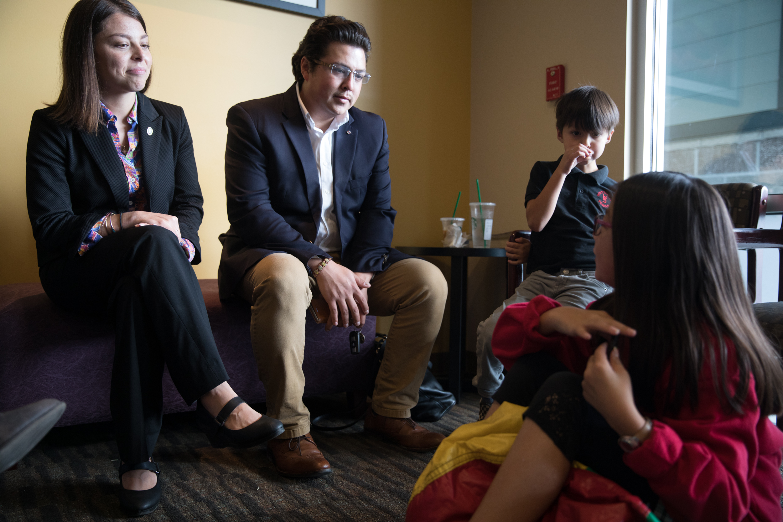 Washington state house of representatives candidate Maia Espinoza stops work on the campaign to take her kids to the dentist office in Dupont, Oct. 4, 2018. (Photo by Matt M. McKnight/Crosscut) 