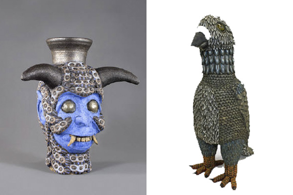 Sculptures, left, of a head with horns and, right, of a green bird by George Rodrigues
