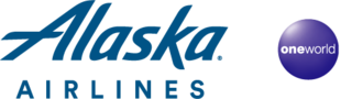 the italicized word "Alaska" is in blue font. Underneath, the word "AIRLINES" appears in all-caps, blue font. To the right is a royal blue sphere with the words "oneworld" inside