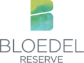 A solid B shape with watercolor life blues, greens and yellows is bisected horizontally on a diagonal by a white line. BLOEDEL appears in all caps below it, and RESERVE is in all caps in a smaller font beneath that. 