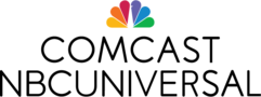 Six teardrop shapes are arranged in a fan with their tips outlining a peacock body shape. The colors (from left to right are yellow, orange, red, purple, blue and green. COMCAST NBCUNIVERSAL is in all caps below. 