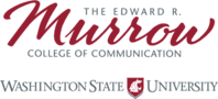 Text reads "THE EDWARD R" in all caps on the first line. The second line is the word "Murrow" in maroon script font. The third line reads "COLLEGE OF COMMUNICATION" in all-caps. The fourth line reads "WASHINGTON STATE UNIVERSITY" and there is a maroon colored crescent/shield with the WSU logo, which is a cougar head and C inside in white. 