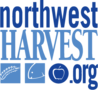 "northwest" appears on the first line in dark blue, lowercase letters. "HARVEST" is the second line, in a lighter blue, all-caps font. The third line has two lighter blue squares with white outlines of a wheat plant in one, and a fish head in the second. To the right there is a dark blue circle with the white outline of an apple inside. To its right it reads ".org" in dark blue letters