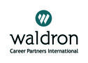 One short and two longer diagonal white lines are arranged to form the shape of a w inside a forest green circle. Underneath is the word waldron in lowercase font followed by the words Career Partners International