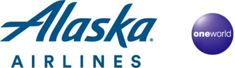 Alaska Airlines in blue font with a round blue circle with One World text to the right