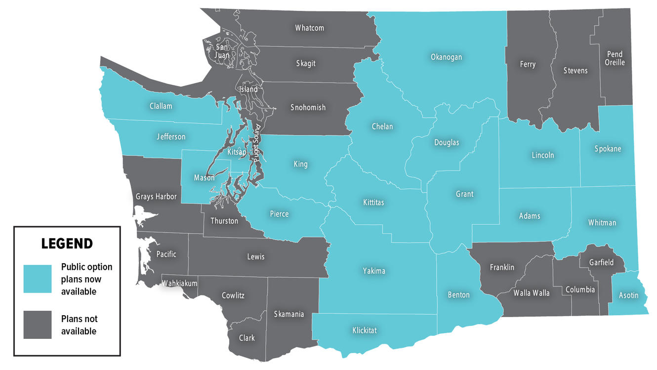 Map showing where public option plans are and are not available in Washington state.