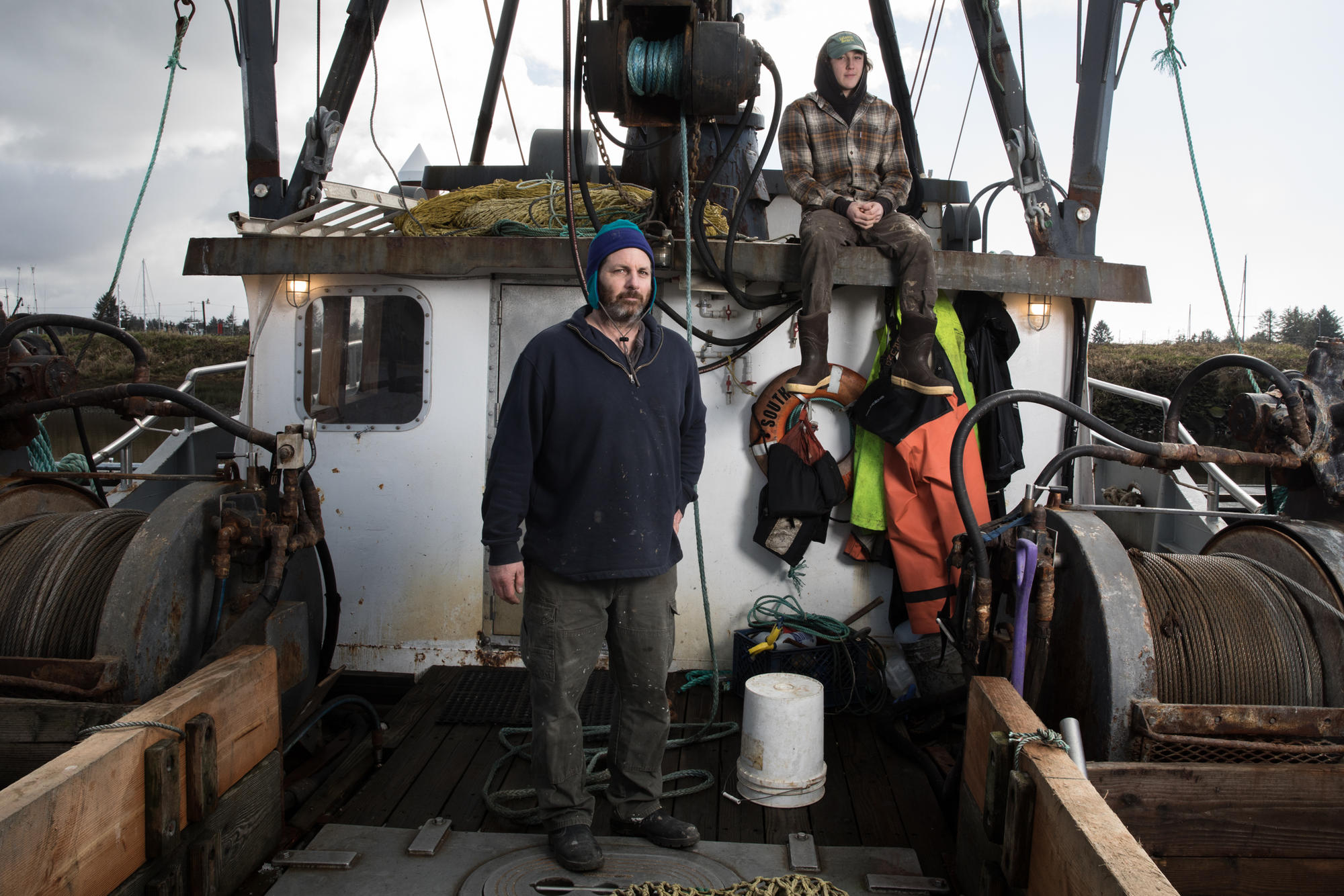 Rob Seitz and son, James, of fishing boat South Bay at the Warrenton Marina near Astoria. (All photos by Matt M. McKnight/Crosscut) 