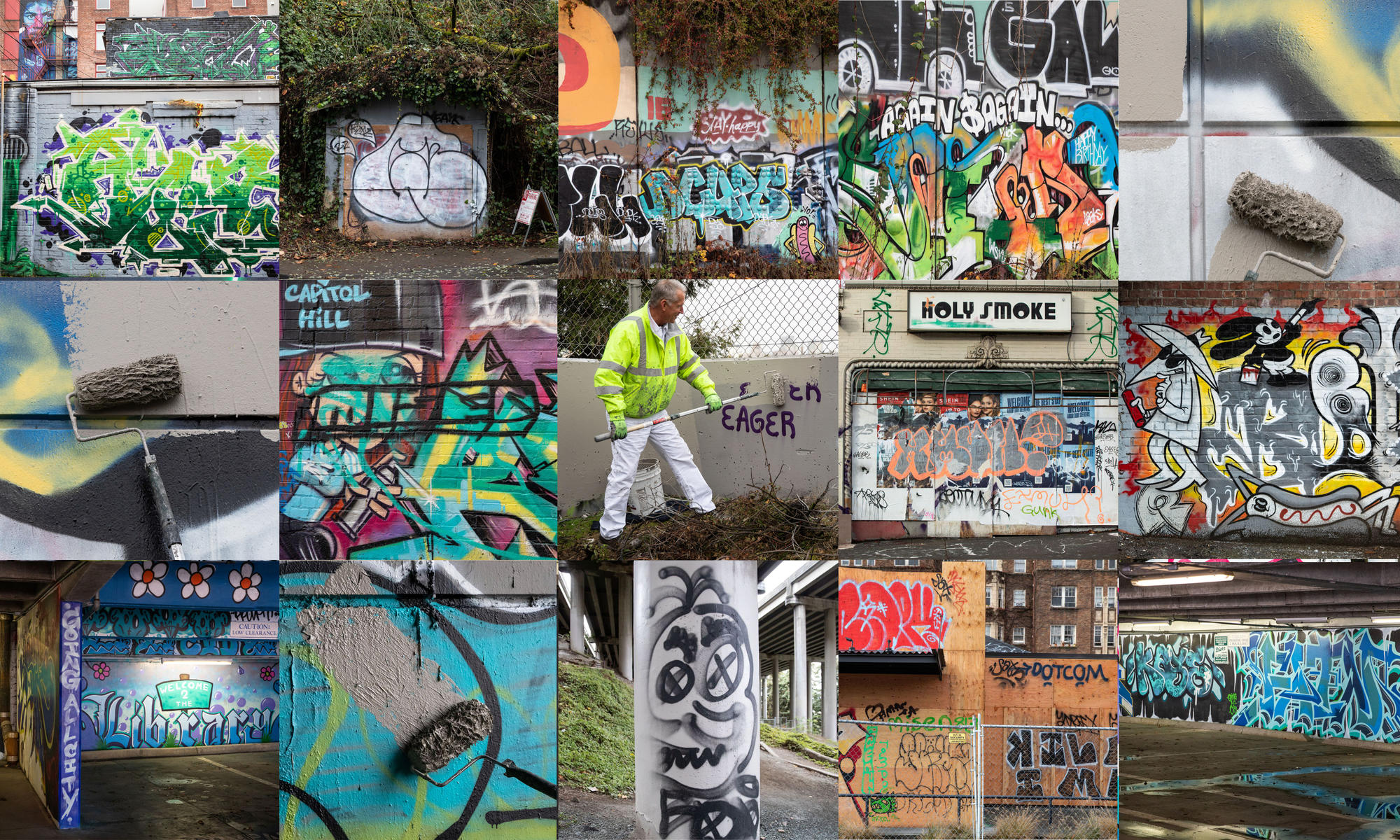 A 3x5 grid of photos of colorful graffiti around the city, with some images showing paint brushes covering up the graffiti tags