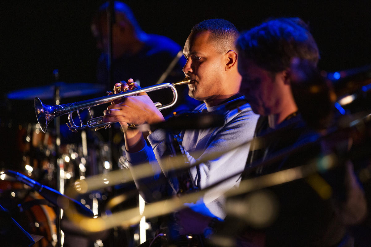Ahamefule J. Oluo plays the trumpet during rehearsal at On The Boards